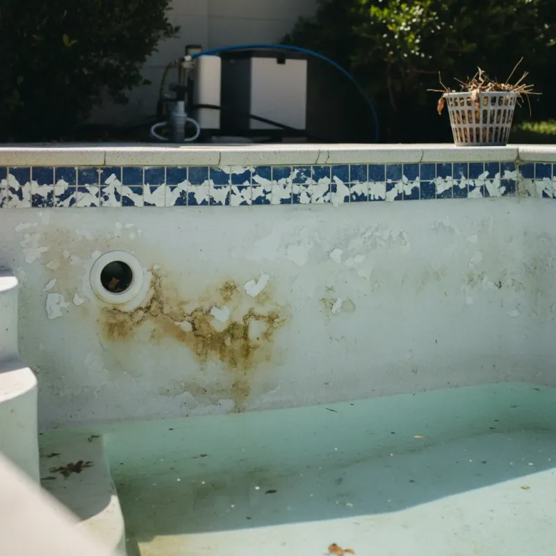 Pool showing heavy TDS buildup with hazy water and calcium deposits on tile