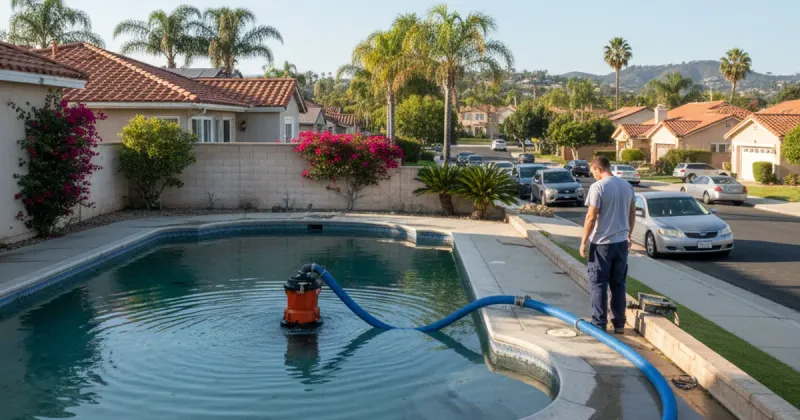 Professional pool drain cleaning service vehicle with pumping equipment at a home