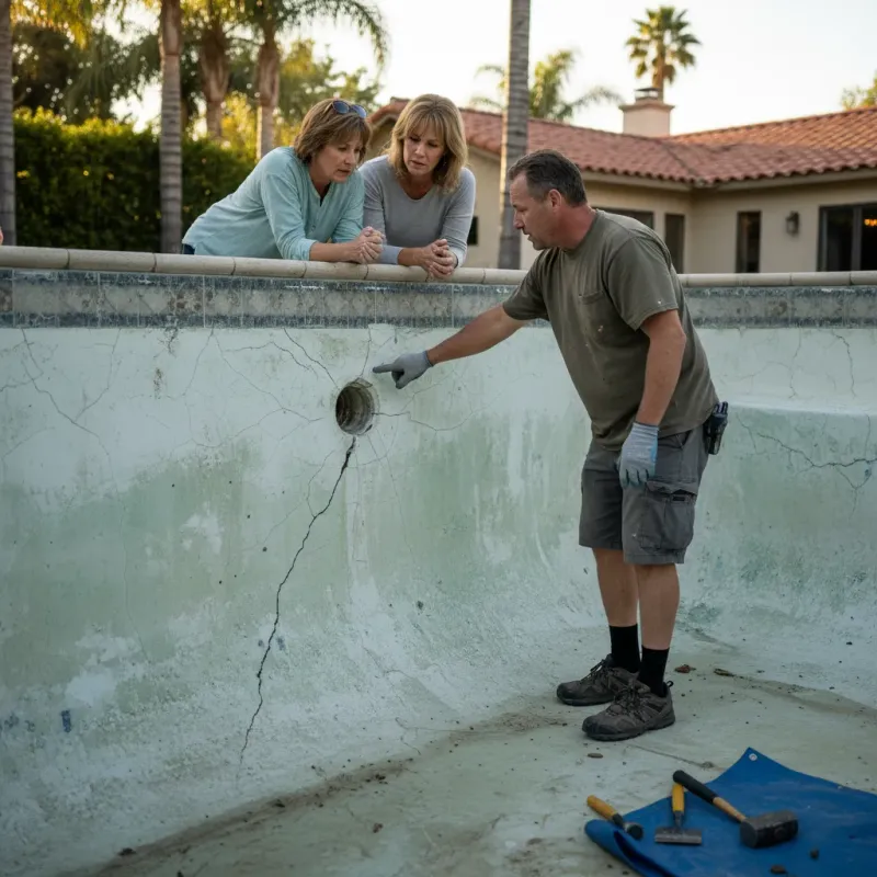 Pool technician pointing out structural concerns inside a partially drained pool