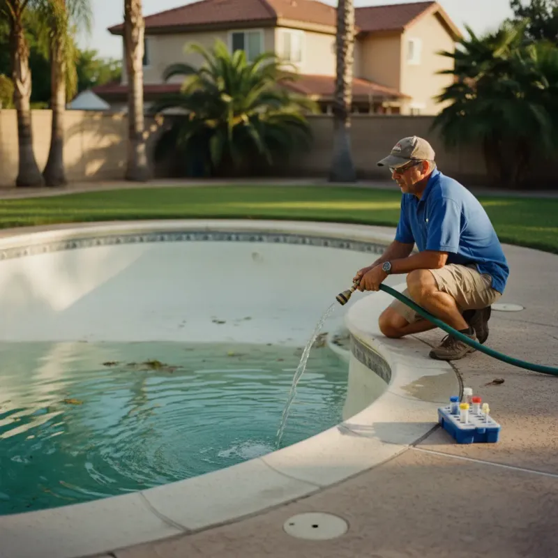 Pool technician monitoring the refilling of a drained pool with testing kit ready