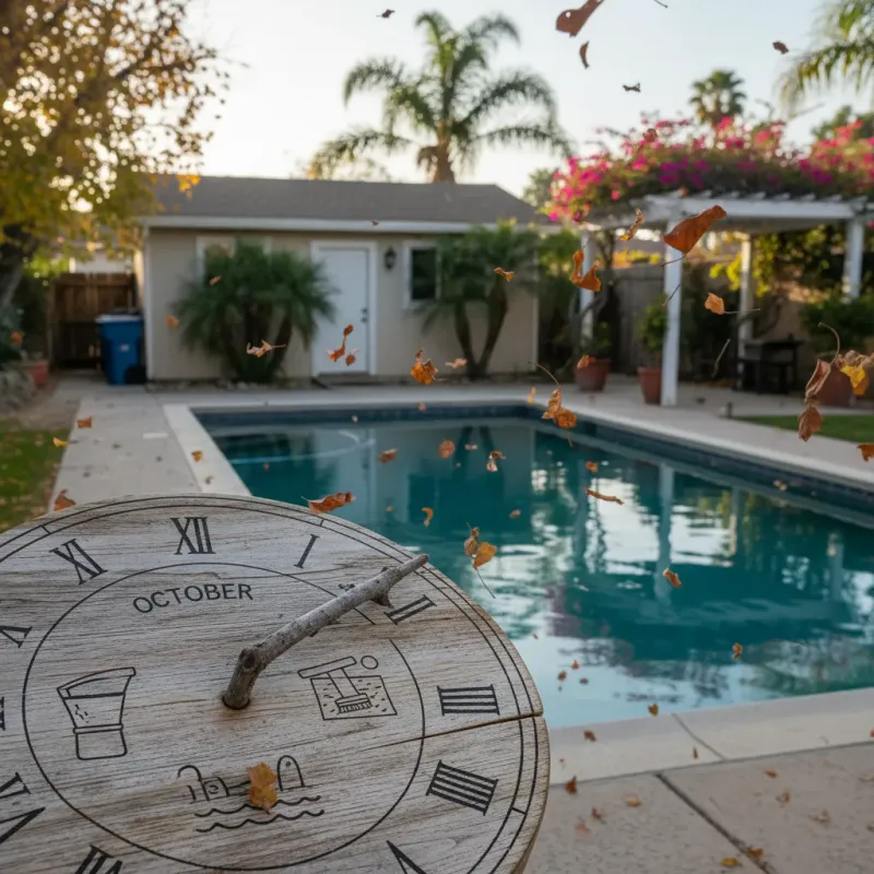 San Diego backyard pool with autumn leaves nearby suggesting seasonal maintenance
