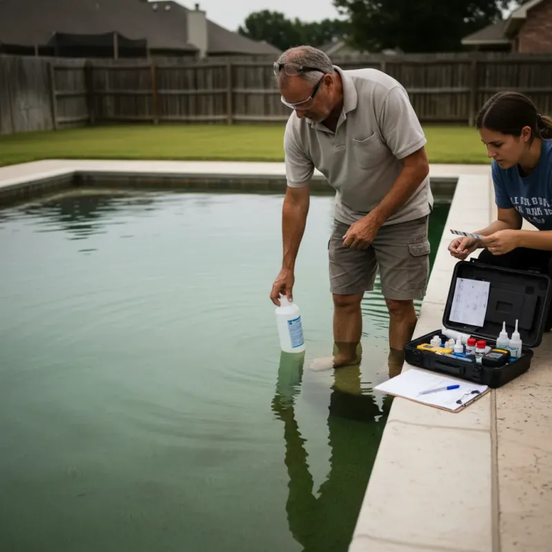 Pool technician taking a water sample from a residential pool for testing