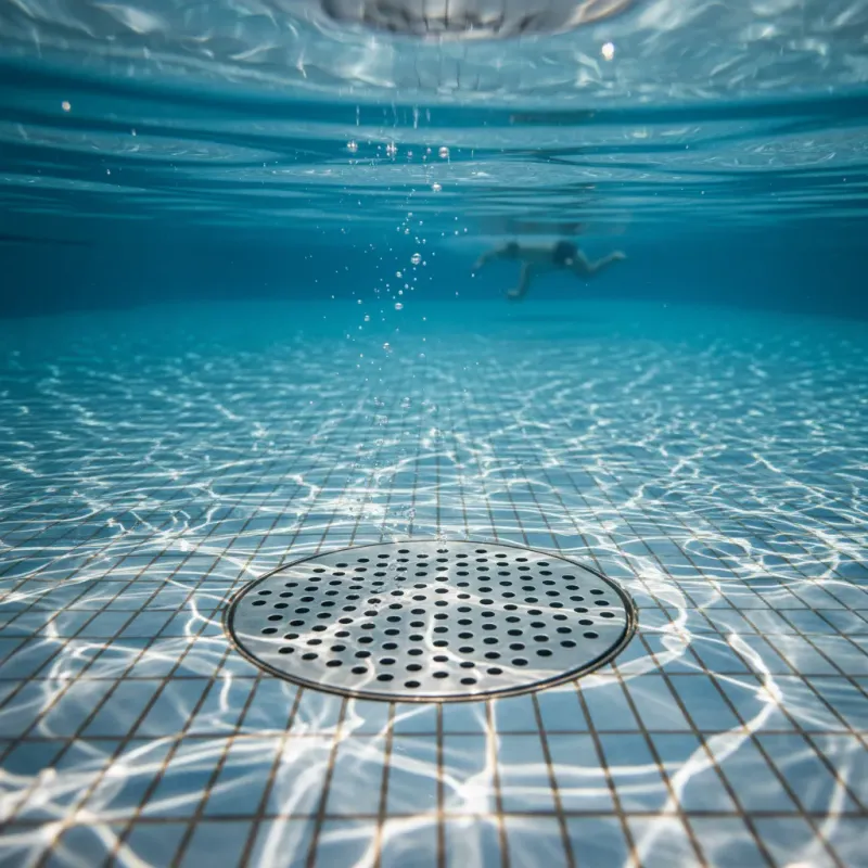 Underwater view of a pool main drain with sunlight streaming through clear water