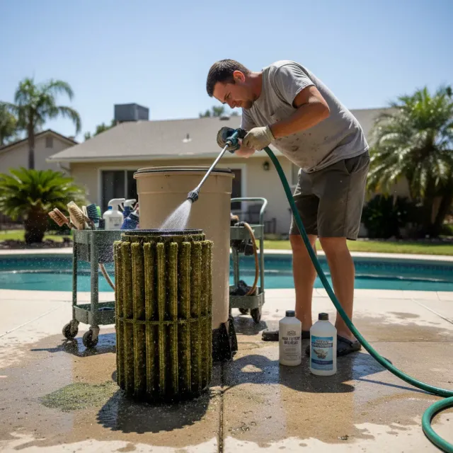 Technician disassembling a filter housing with cleaning supplies ready