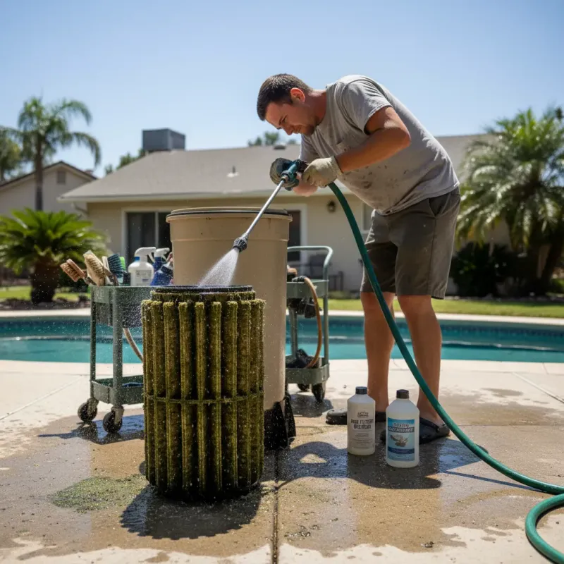 Technician disassembling a filter housing with cleaning supplies ready