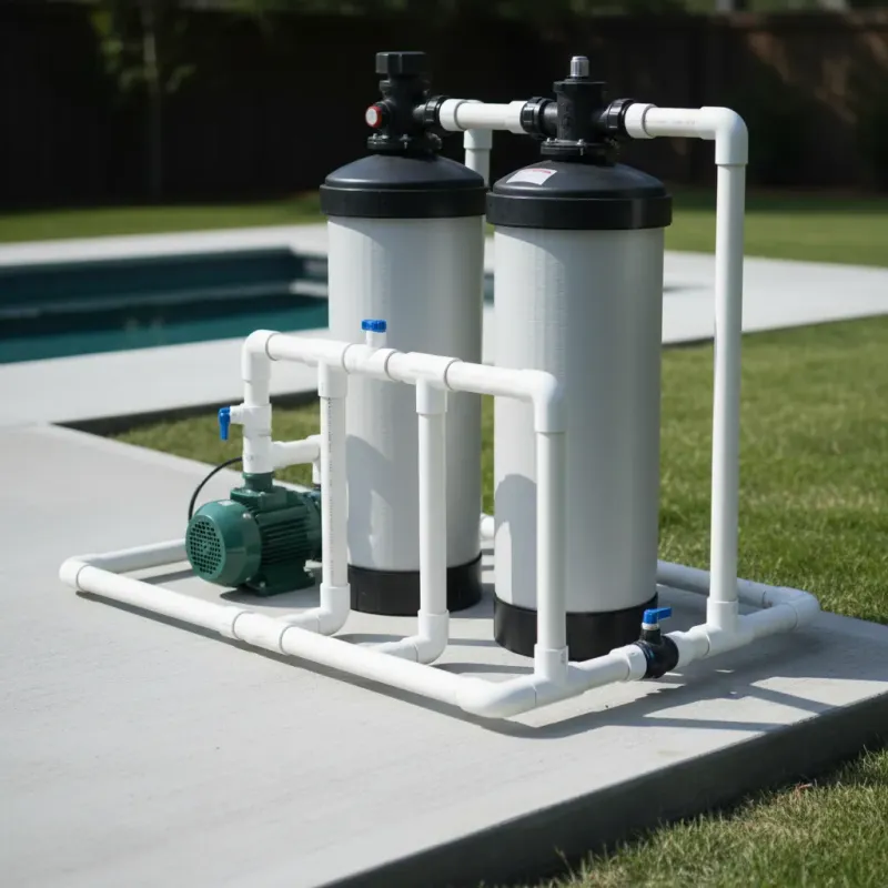 Newly installed pool filter system with neat PVC plumbing on a clean equipment pad