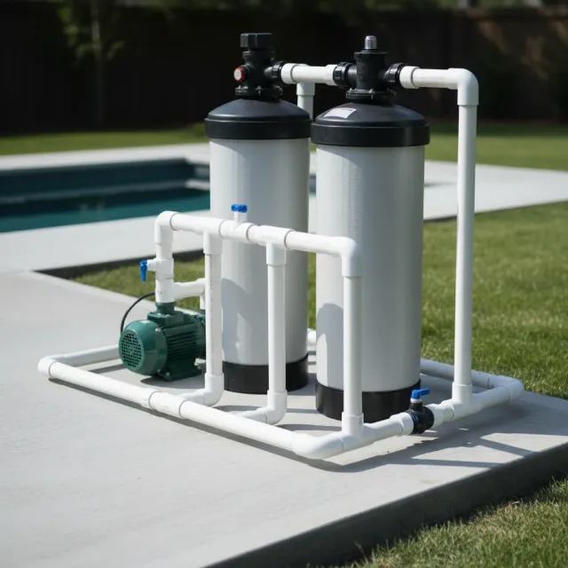 Newly installed pool filter system with neat PVC plumbing on a clean equipment pad