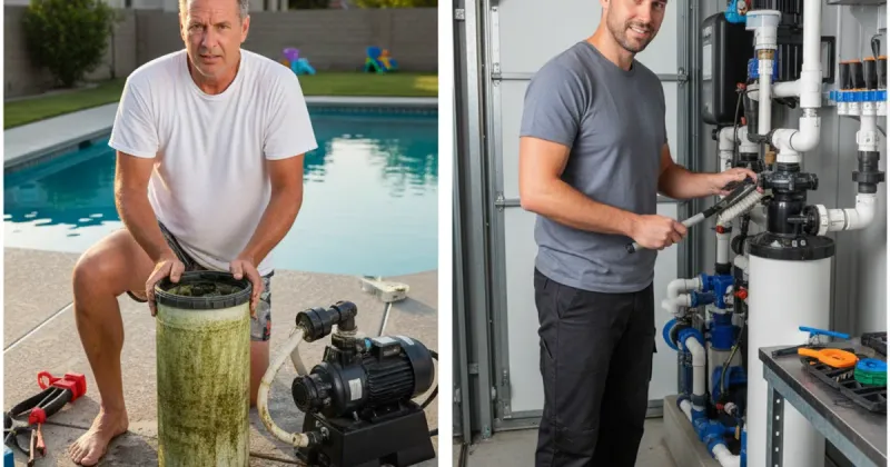 Comparison of homeowner struggling with filter versus professional handling it efficiently