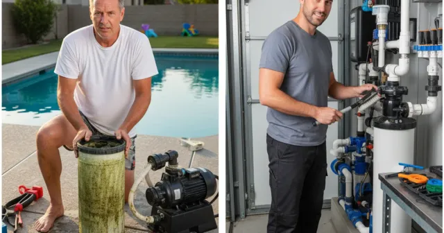 Comparison of homeowner struggling with filter versus professional handling it efficiently