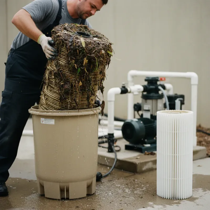 Pool technician removing a dirty cartridge filter from the housing on equipment pad