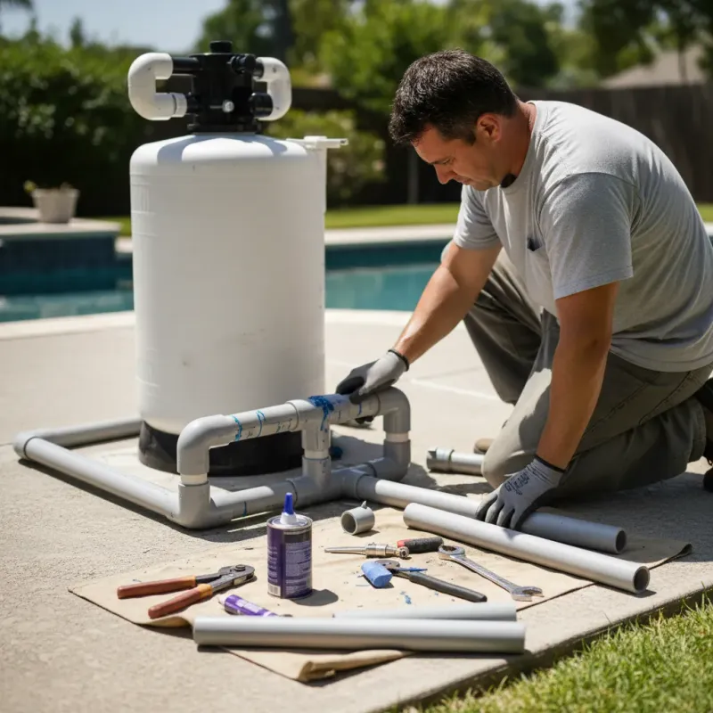 Pool technician installing a new pool filter system and connecting PVC pipes