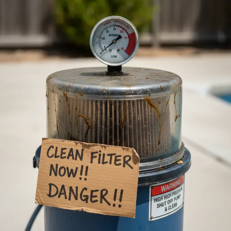 Pool filter pressure gauge in the red zone with dirty filter visible