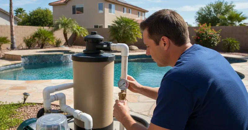 Technician showing homeowner how to check the filter pressure gauge