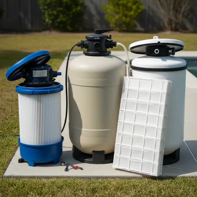 Three pool filter types side by side: cartridge, sand, and DE filter