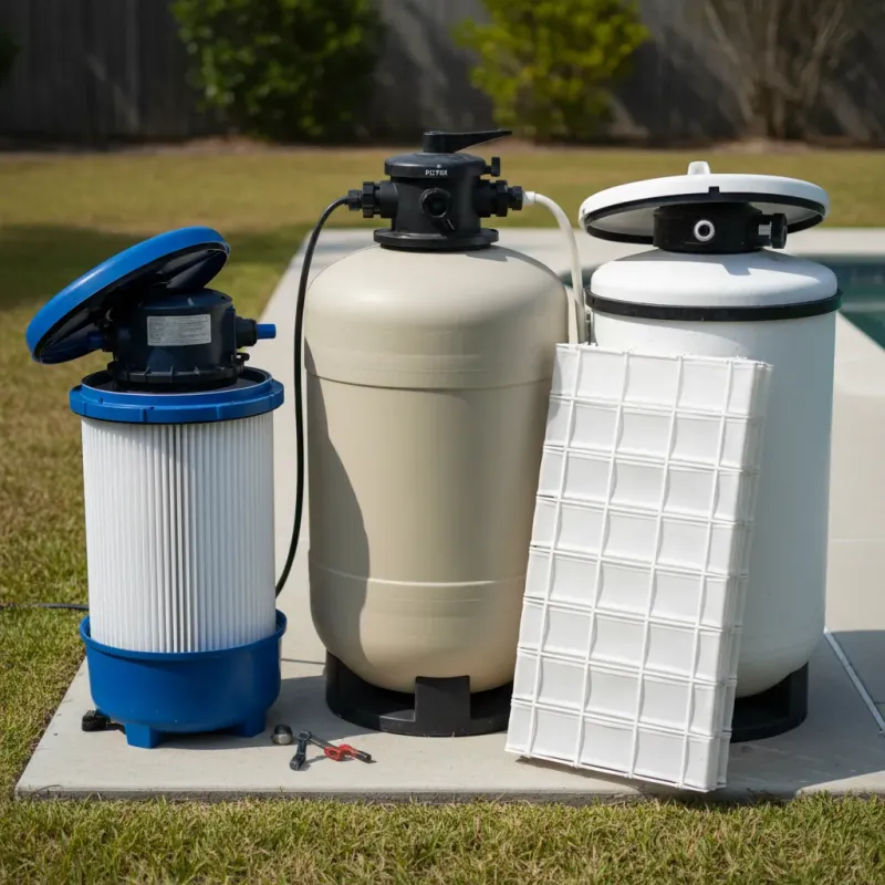 Three pool filter types side by side: cartridge, sand, and DE filter