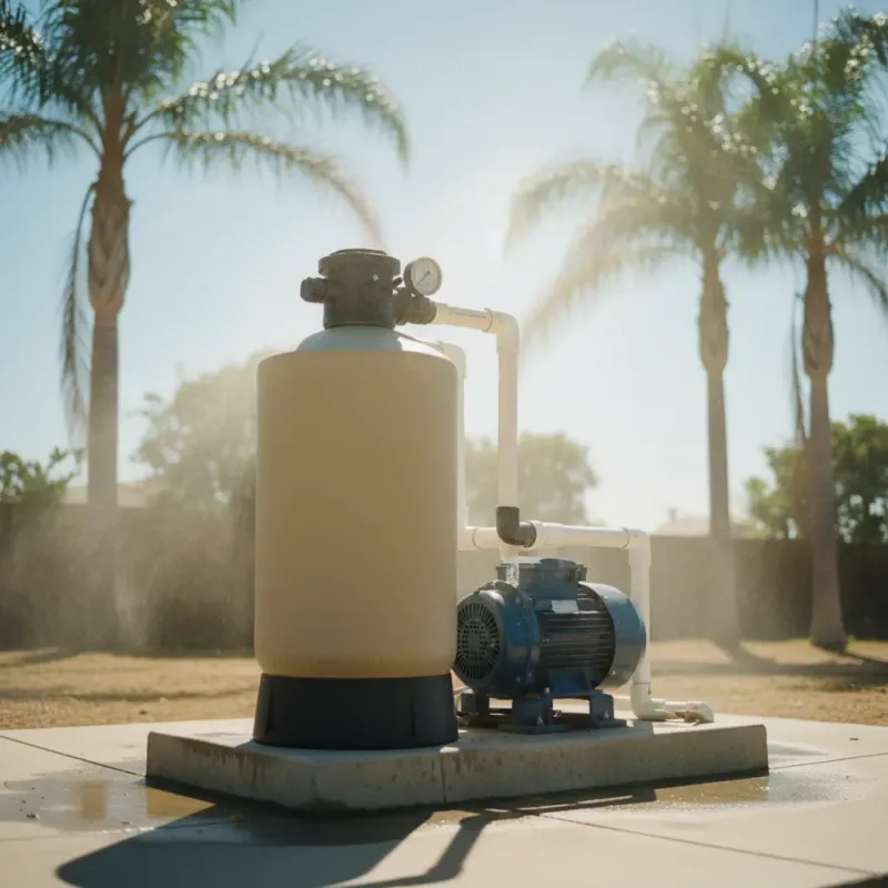 Pool filter system on a hot San Diego day with pressure gauge and sunshine