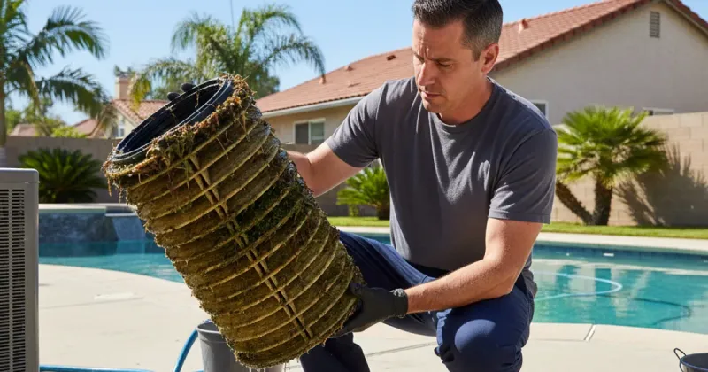 Technician spraying down a cartridge filter with a cleaning wand on equipment pad