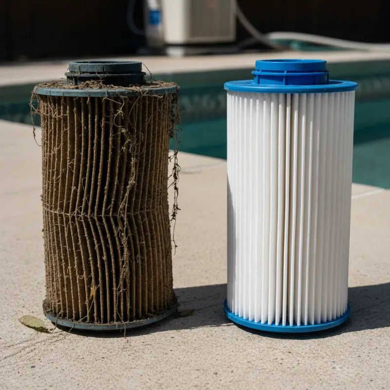 Old worn-out filter cartridge next to a brand new one showing lifespan contrast