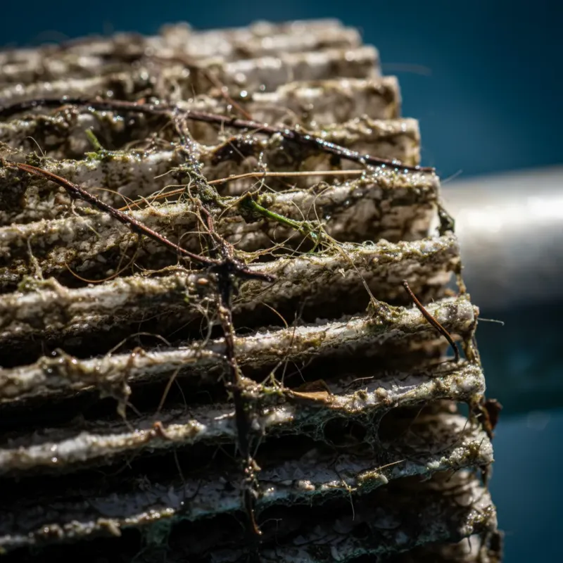 Macro close-up of pool filter media showing trapped dirt and debris in the pleats