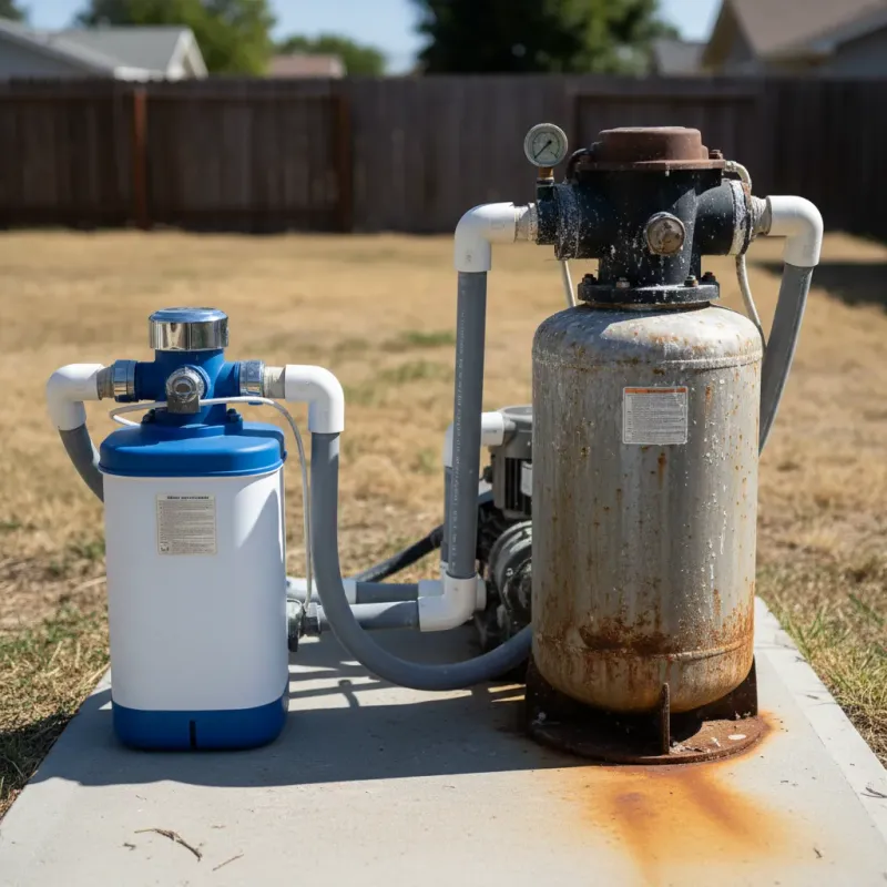 Modern high-efficiency pool filter next to an old outdated one for comparison