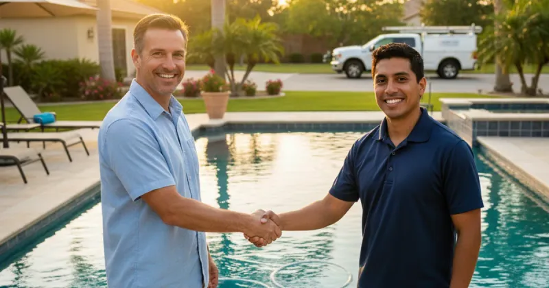 Pool service truck parked in a residential driveway with technician carrying equipment