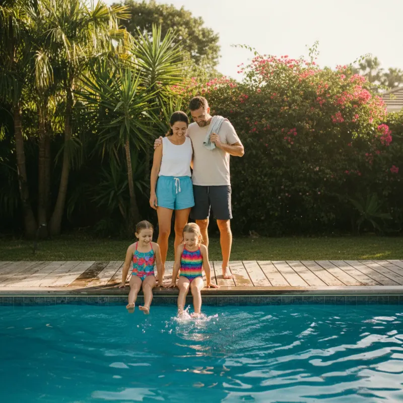 Happy family gathered on the patio next to their crystal-clear backyard swimming pool