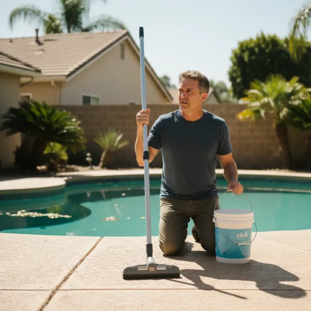 Homeowner kneeling on the pool deck with a basic pool vacuum and store-bought chemicals