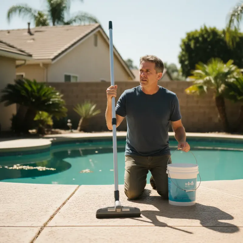 Homeowner kneeling on the pool deck with a basic pool vacuum and store-bought chemicals