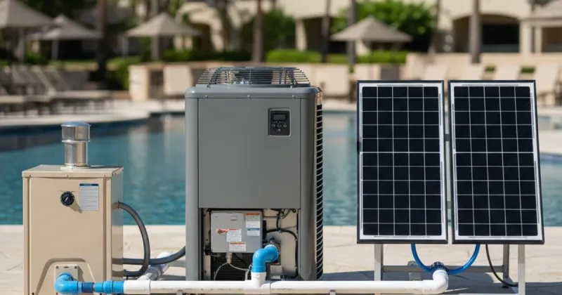 Pool equipment showroom displaying gas heater, heat pump, and solar panel options