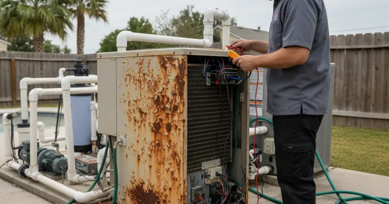 Pool heater displaying error code with rust stains and calcium deposits visible