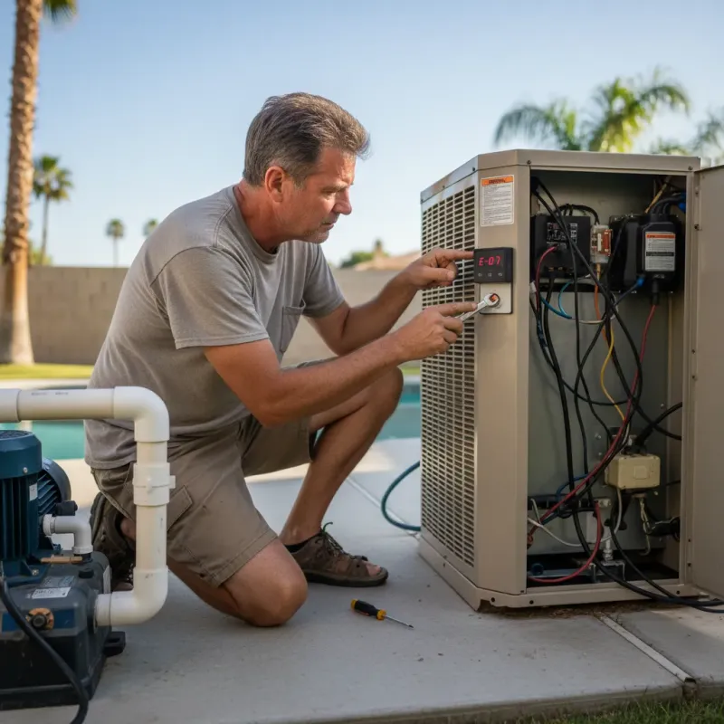 Homeowner examining a pool heater digital display and error code on equipment pad