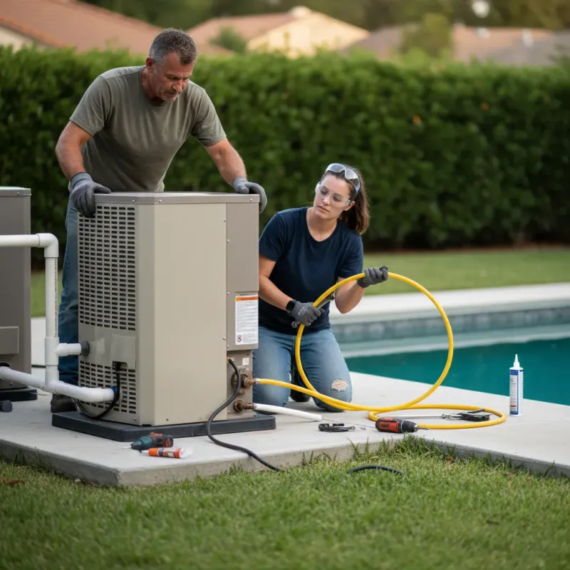 Two technicians positioning a new gas pool heater on the equipment pad