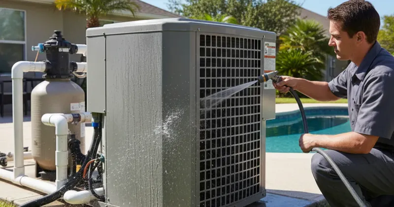 Pool technician performing routine maintenance cleaning a pool heater burner tray