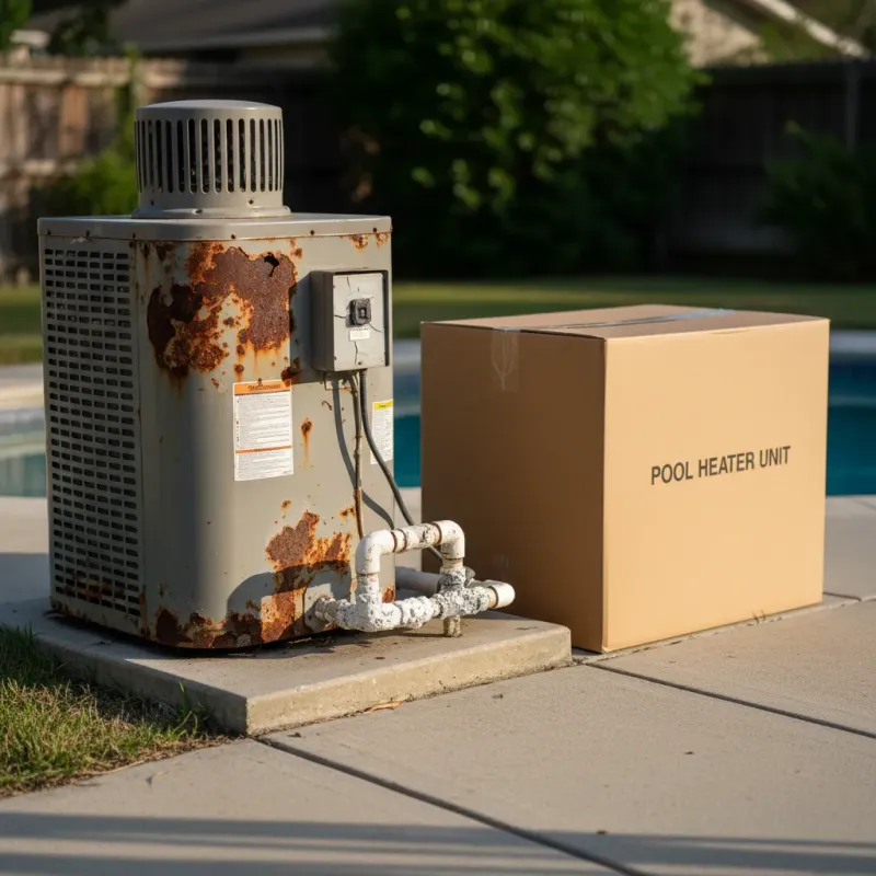 Old corroded pool heater next to a brand new boxed heater on the equipment pad