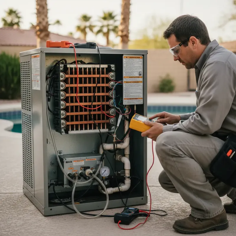 Pool heater technician using diagnostic tools on a gas pool heater