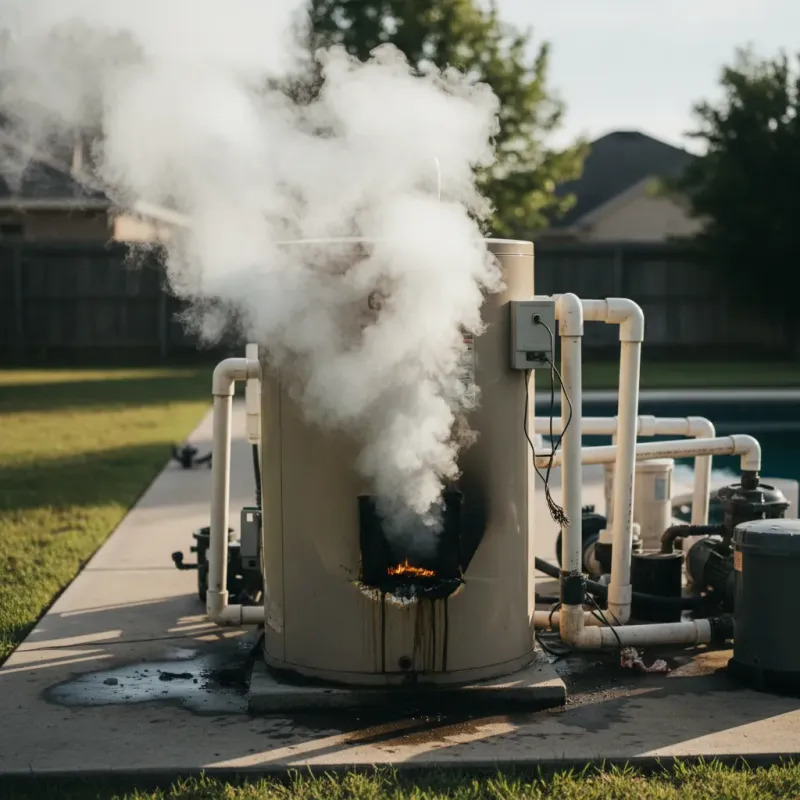 Steam rising abnormally from a pool heater exhaust vent showing malfunction signs