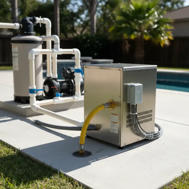 Beautifully completed pool heater installation with proper connections on equipment pad
