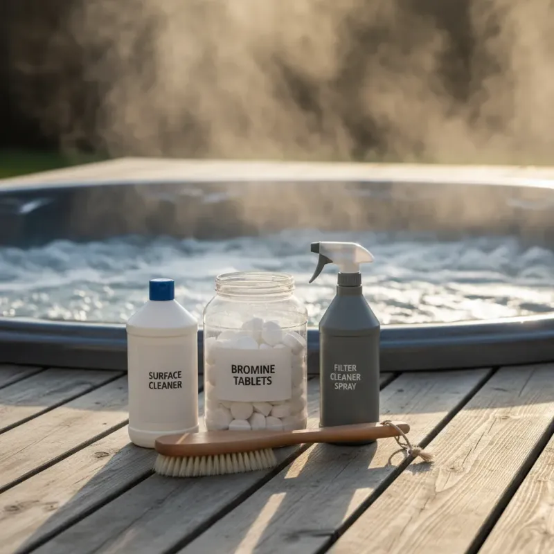 Hot tub cleaning products arranged on a wooden spa deck with steaming spa behind
