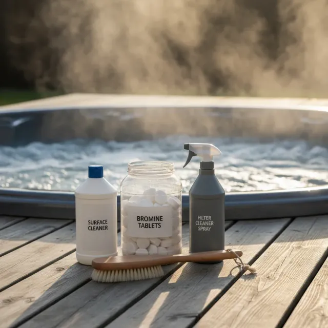 Hot tub cleaning products arranged on a wooden spa deck with steaming spa behind