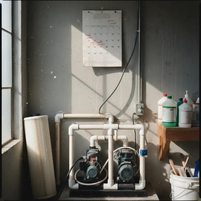 Maintenance calendar near a hot tub equipment area with filter cartridge and supplies