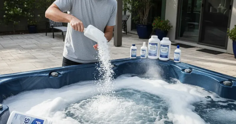 Person over-pouring chemicals into a hot tub illustrating a common maintenance mistake