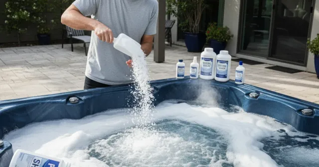 Person over-pouring chemicals into a hot tub illustrating a common maintenance mistake