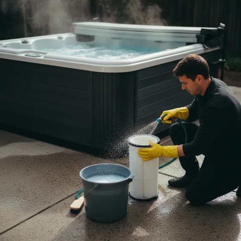 Hot tub owner cleaning a cartridge filter by hand with a garden hose on their patio
