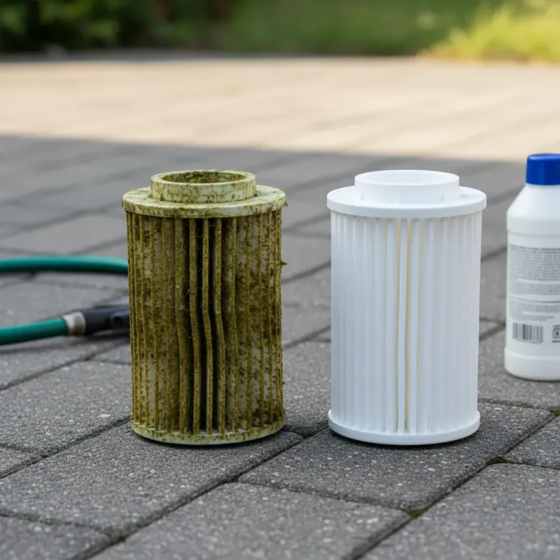 Dirty and clean hot tub cartridge filters side by side showing the contrast