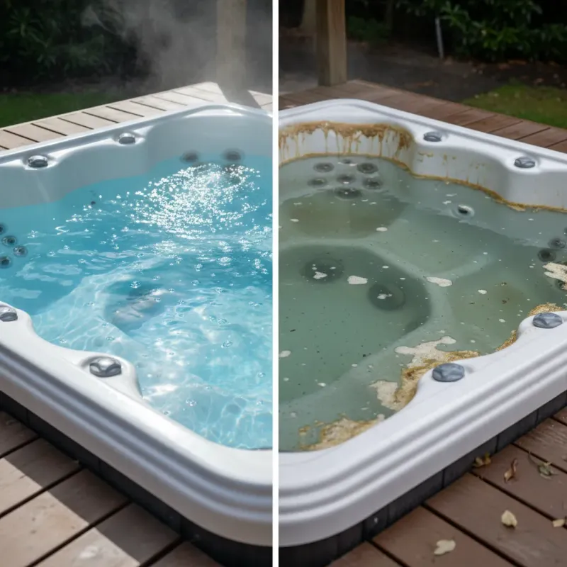 Comparison of a pristine clear hot tub versus a cloudy neglected one