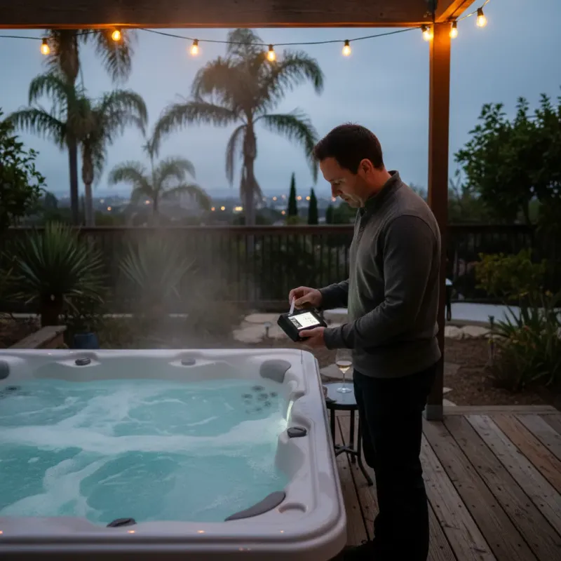 Person checking hot tub water chemistry with a digital test strip reader on the deck