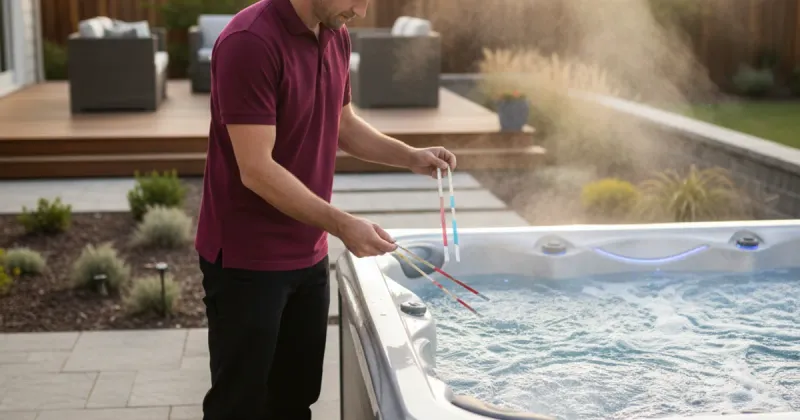 Professional spa technician testing hot tub water with a comprehensive testing kit
