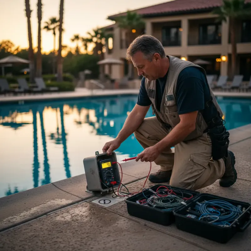 Pool lighting specialist testing voltage on a pool light junction box