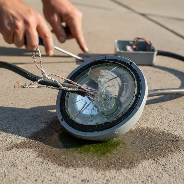 Pool light fixture with cracked lens gasket and water intrusion on the deck