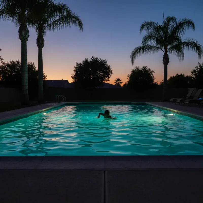Stunning pool at twilight with underwater LED lights casting turquoise glow